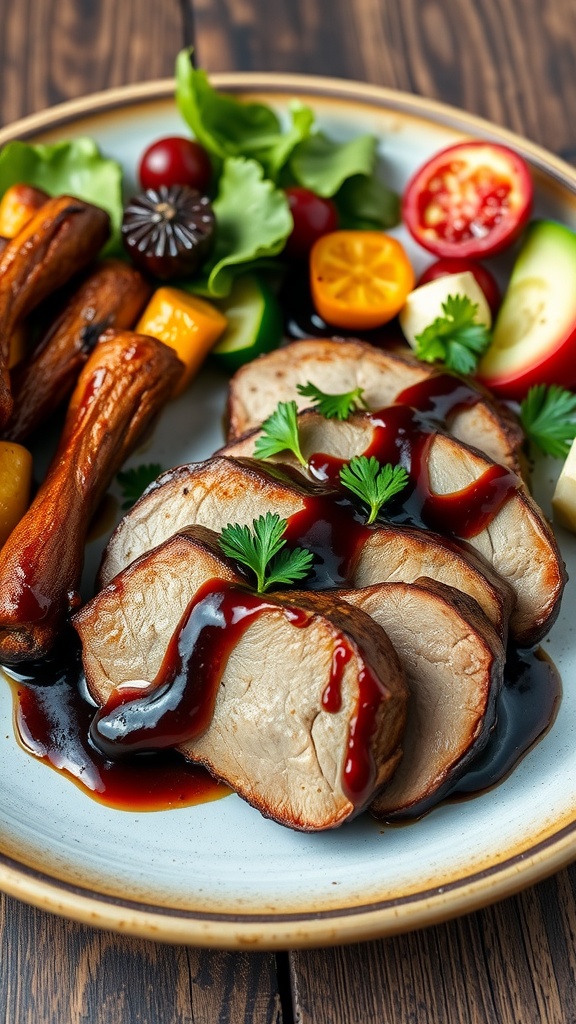 Balsamic glazed pork medallions on a plate with vegetables and parsley garnish.